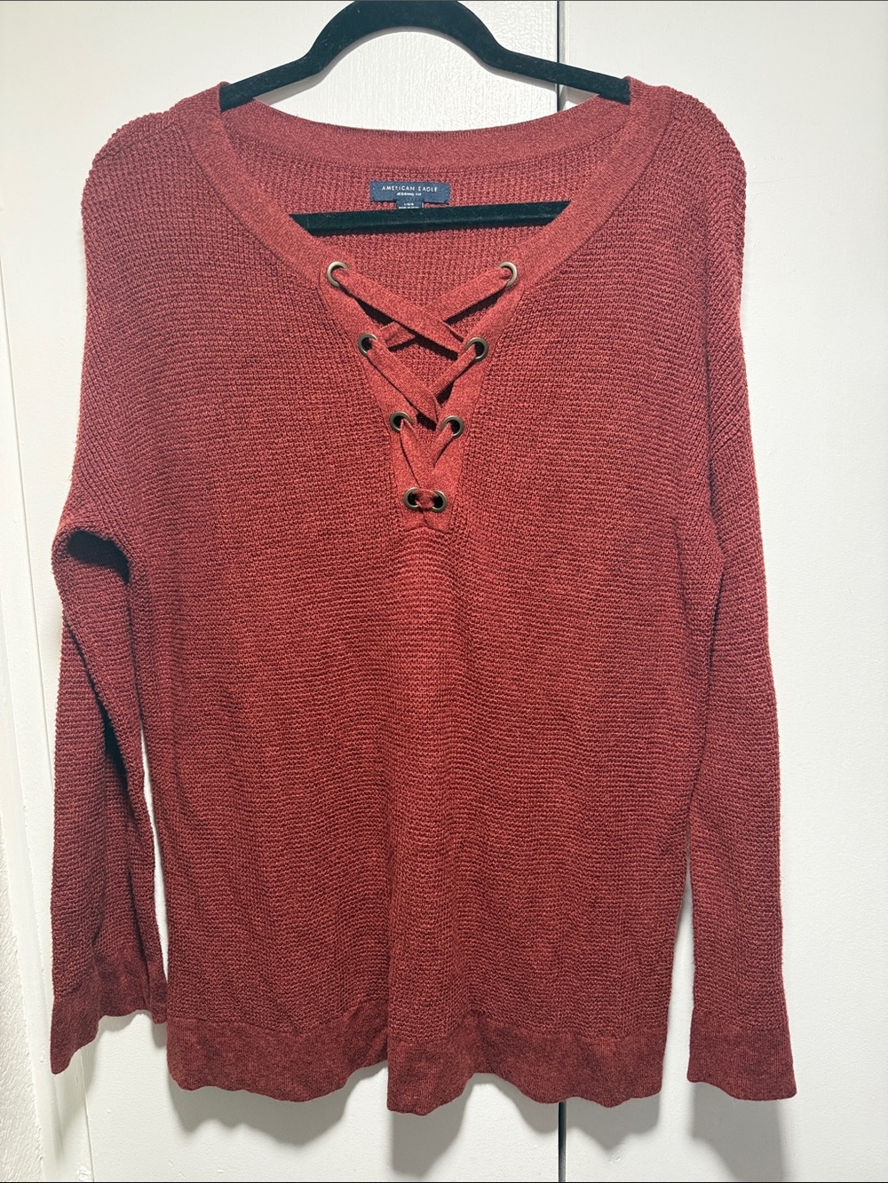 American Eagle Outfitters Rust Lace-Up V-Neck Knit Sweater